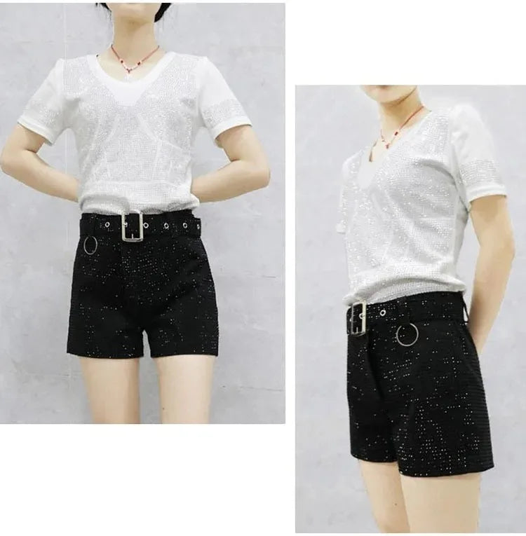 Rhinestone Shorts Women Wide Leg Shorts High Waist Sexy New Fashion Elastic Waist Diamond Casual Hot Pants Female belt