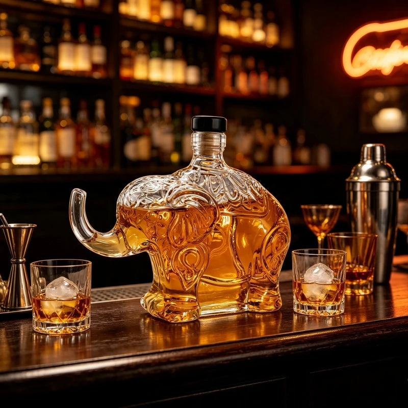 PENDRA Elephant Ornate Glass Whiskey Decanter