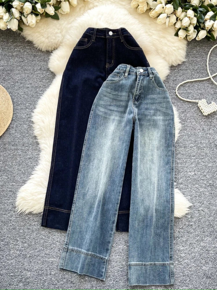 Korean style chic fashionable jeans women in 2026 spring fashion design sense spliced high waist retro nine cropped pants