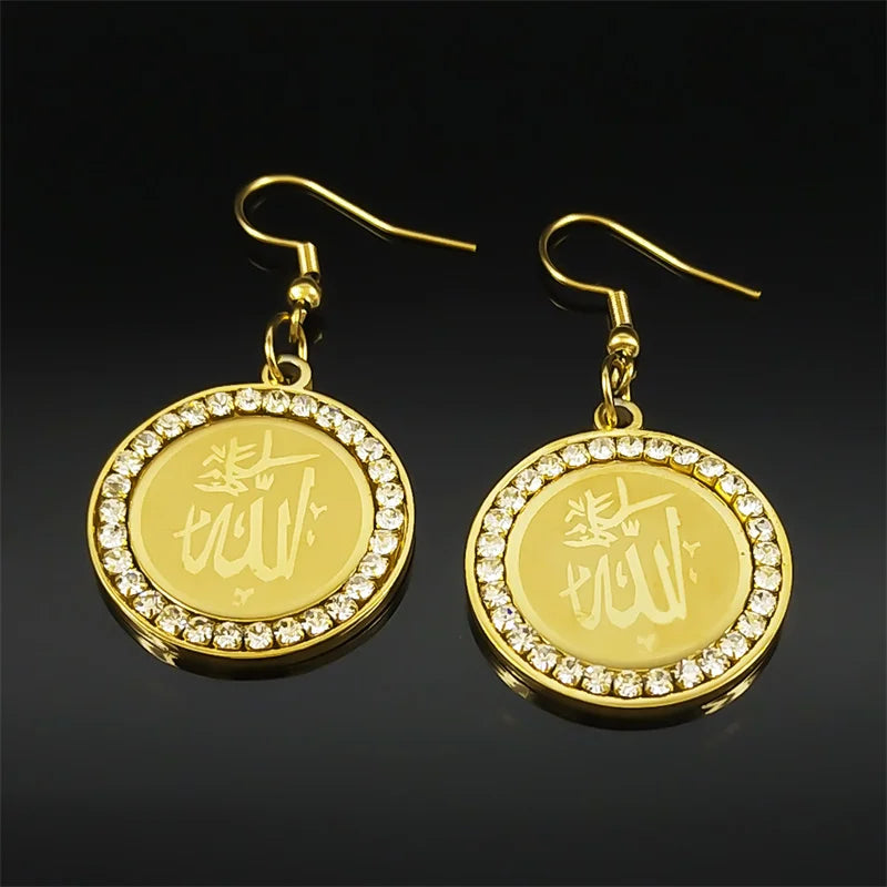 Muslim Islamic Religious Crystal Hoop Earrings For Women Men Stainless Steel Gold Color Islam Quran Allah Earring Arabic Jewelry