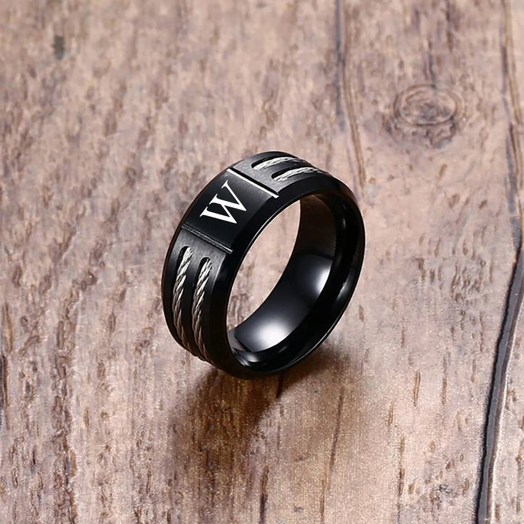 Stylish Black Mens Initial Ring, Waterproof Stainless Steel A-Z Letter Wedding Bands for Male Boys Finger Gift Jewelry