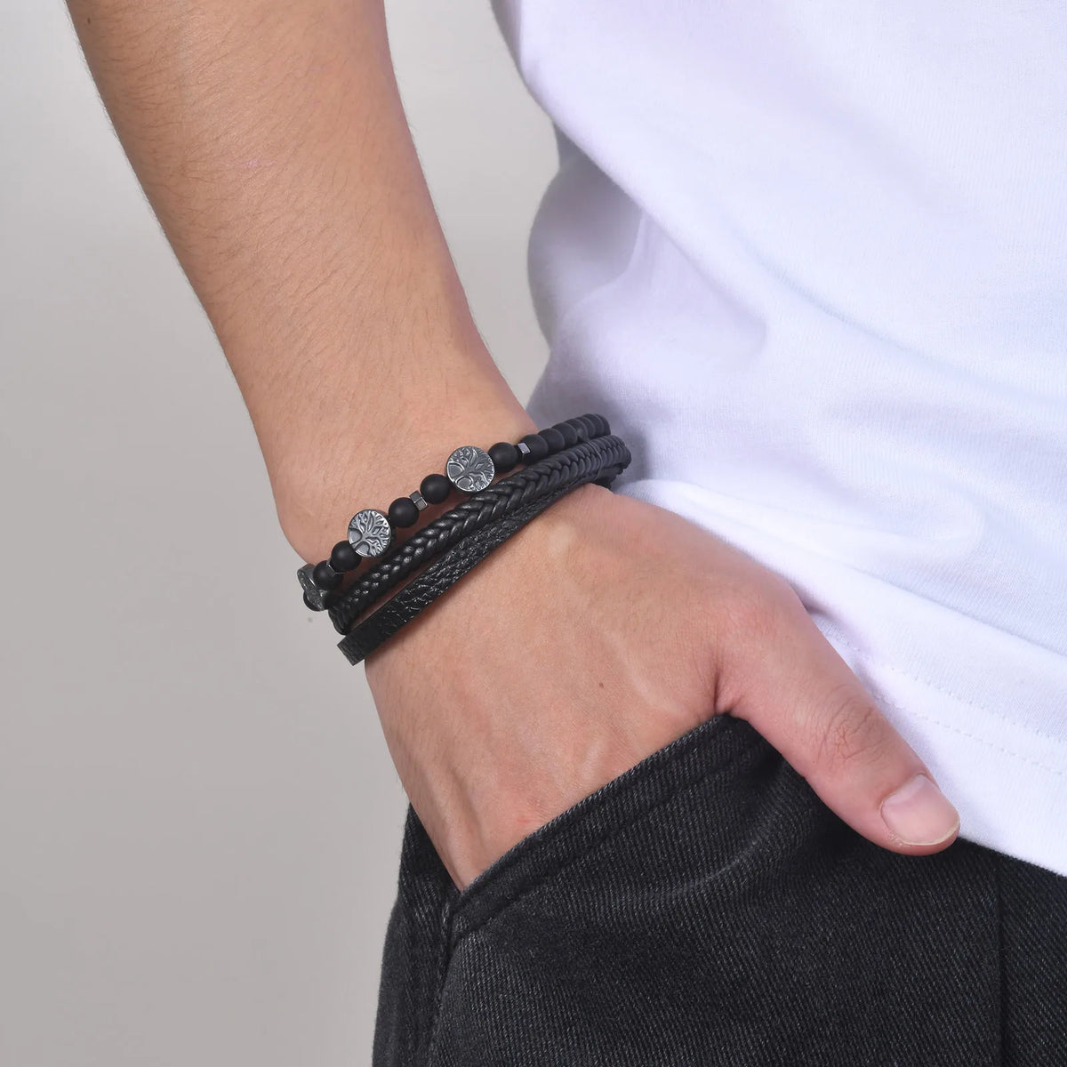 Tree of Life Leather Bracelets for Men Dad Father Grandfather BFF, Black Braided Rope Chain Multi-Layers Wristband Gift Jewelry