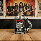 Gothic Rock Collectible Mug Hand-Polished 3D Embossed Skull, Stainless Steel Inner Unique Horn Handle Heavy Metal  Coffee Cup