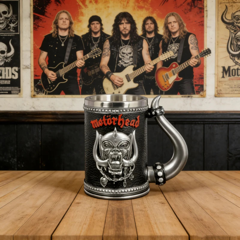 Gothic Rock Collectible Mug Hand-Polished 3D Embossed Skull, Stainless Steel Inner Unique Horn Handle Heavy Metal  Coffee Cup