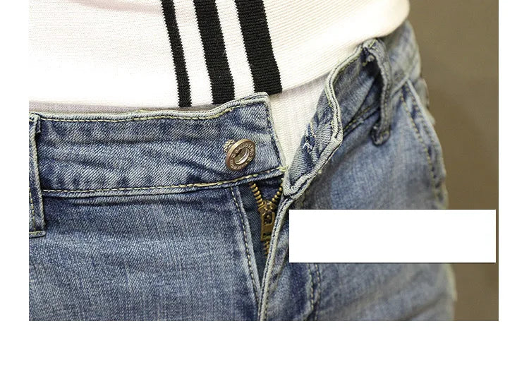 Light-colored Distressed Denim Cropped Trousers For Men Personality Slant Pocket Design, Embroidered Slim-fit Pencil Trousers