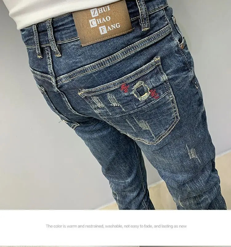 Harajuku Fashion Autumn New Blue Jeans Men's Trendy Brand Scratches Cargo Work Korean Slim-fitting Trousers Luxury Elastic Pants