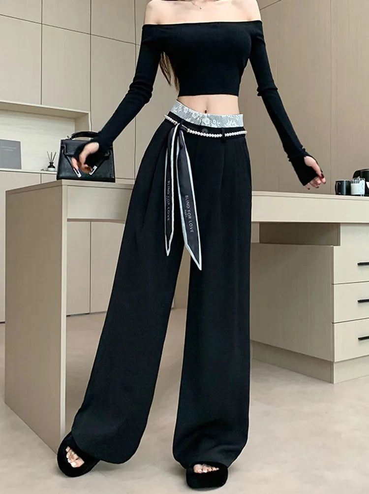 PENDRA Lace Panel High Waist Wide Leg Suit Pants