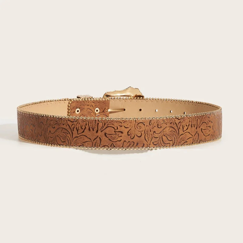 Retro Y2K Belt WOMEN'S Leather Belt Western Cowgirl High-end Luxury Designer Brown Jeans Belt Golden Buckle Plus Size Waistband