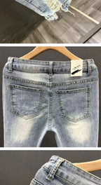 Luxury Fashion Designer Clothes Ripped Jeans Men's Trendy Brand 2025 Summer Ruffian Handsome Slim-fit Pants Elastic Thin Pants