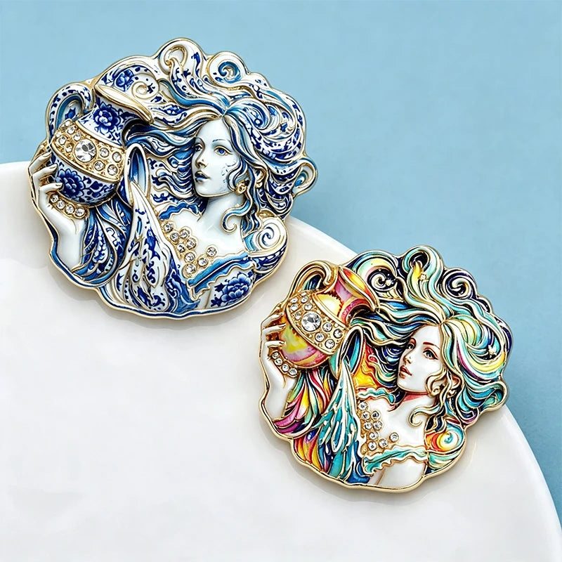 Wuli&baby Charming Aquarius Lady Brooches For Women Unisex 2-color Rhinestone Zodiac Sign Character Party Office Brooch Pin Gift