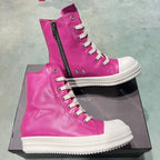 PENDRA Rose Titan Pink Genuine Leather High-Top Zip Thick-Sole Ankle Boots