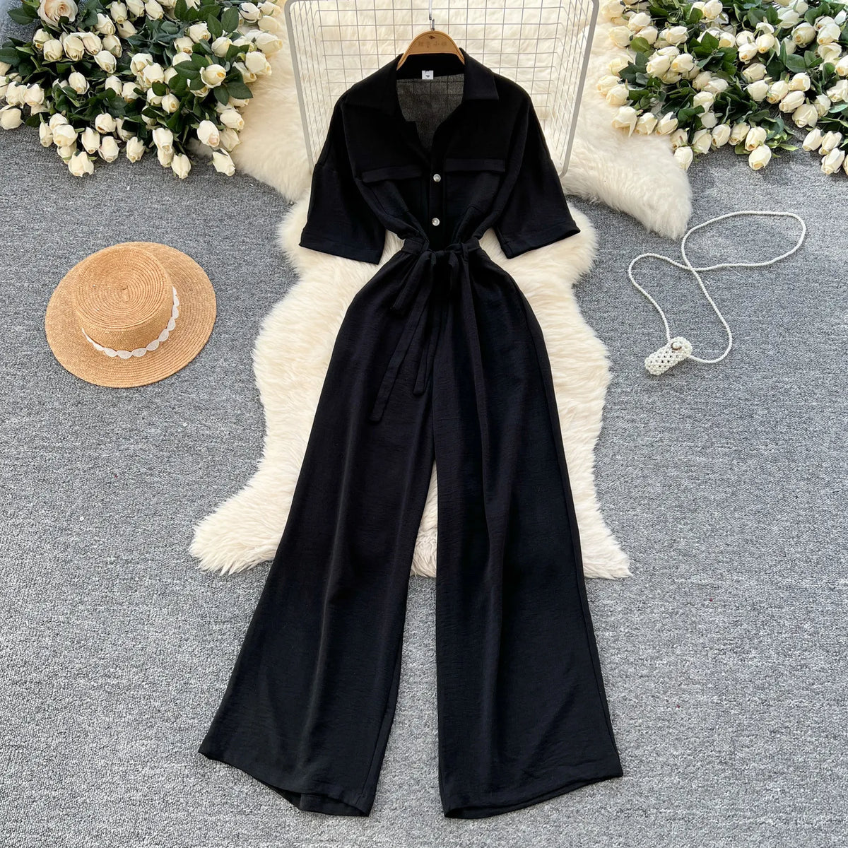 Fashionable casual lapel collar short sleeved cinched waist jumpsuit women's summer new solid color wide leg long pants