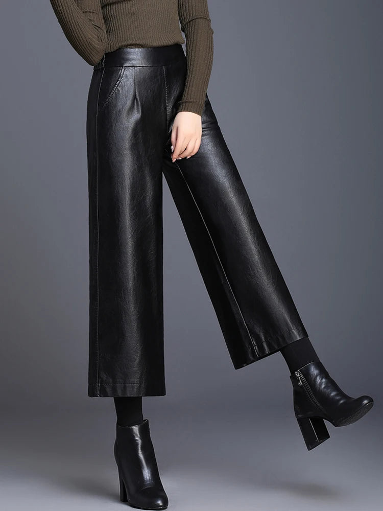 Women's solid color nine cropped wide leg pants autumn and winter loose thick fashionable and versatile commute pants
