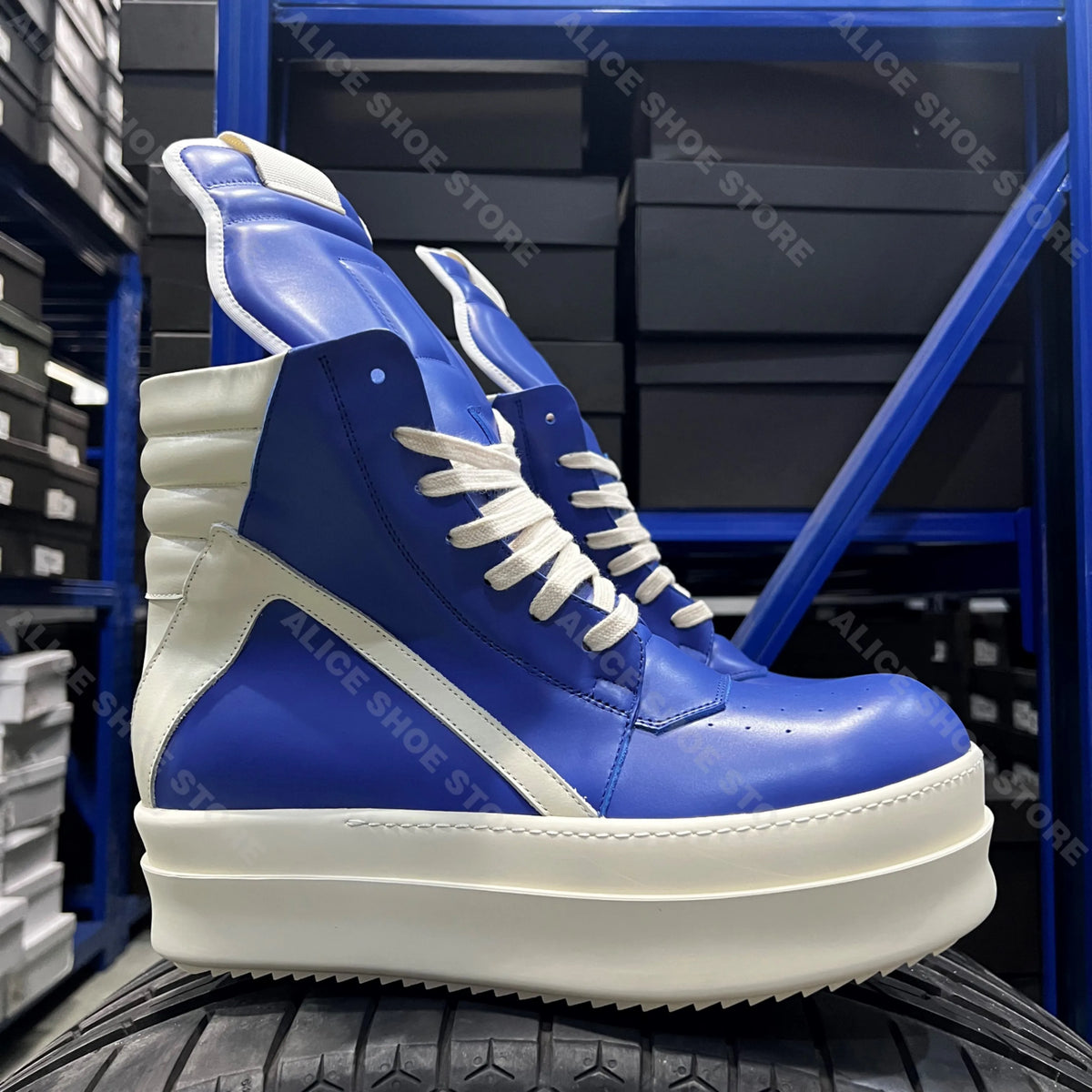 PENDRA Royal Blue Blue Geobasket Leather 6cm Platform Zip Ankle Boots