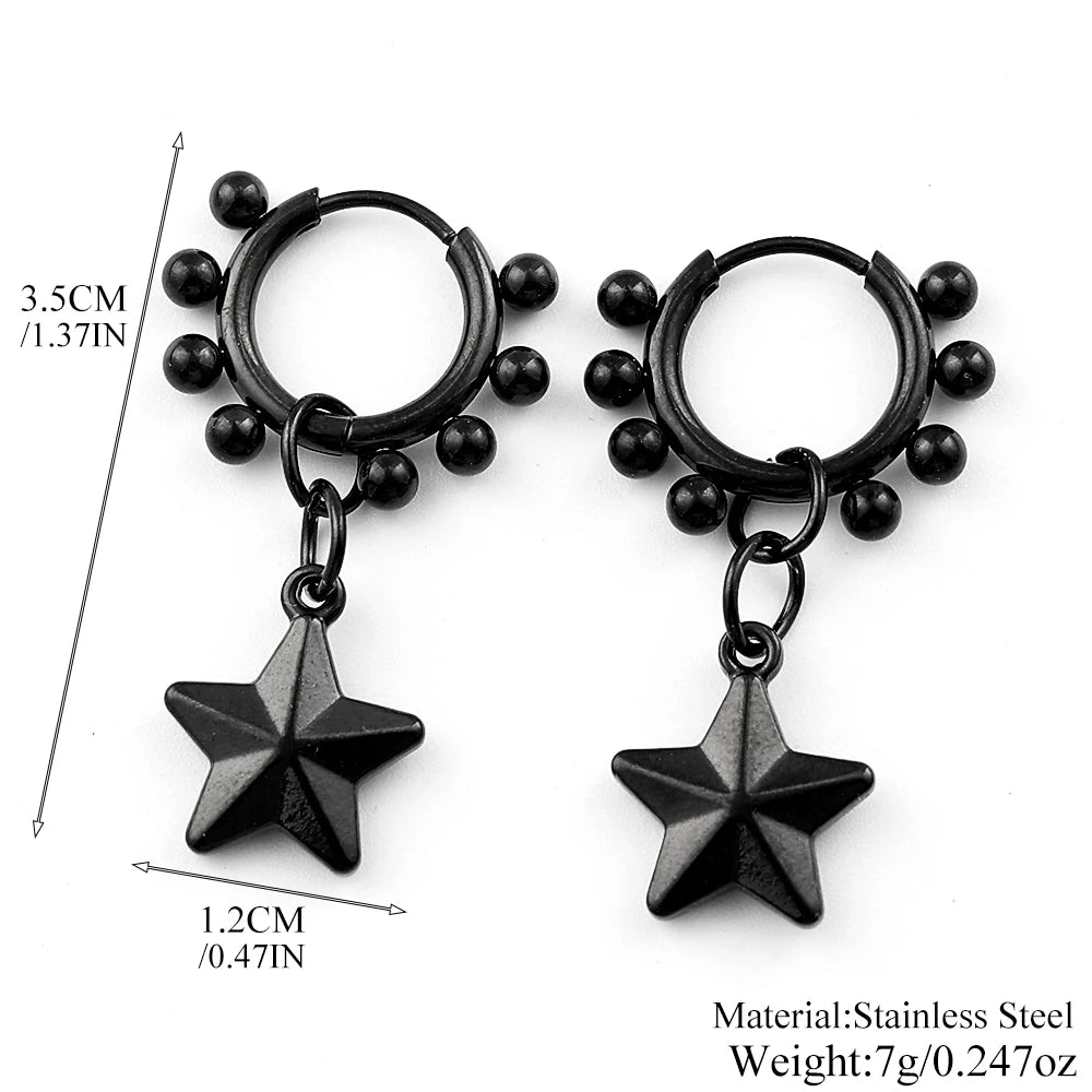 Punk Black Moon Star Hoop Earrings Gothic Crescent Dangle Stainless Steel Beaded Drop Earrings Men Women Hip Hop Jewelry Gifts