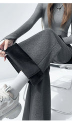 Fake two pieces fart curtain slightly flared pants women autumn winter high waisted buttons slimming floor hugging pants