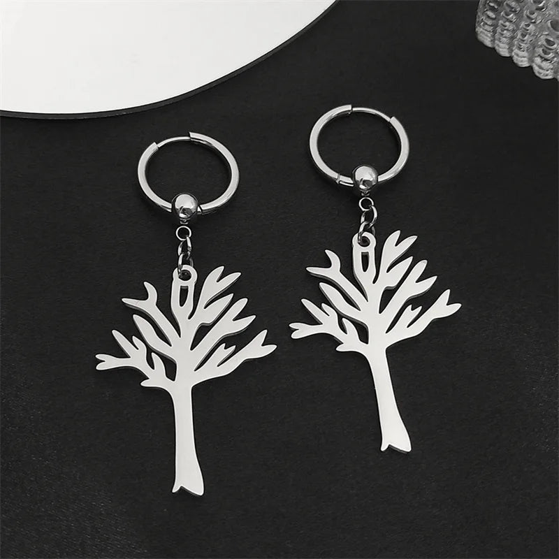 Stainless Steel Music Band Hip Hop Tree of Life Hoop Earrings for Women Silver Color Gothic Punk Earring Jewelry Gift E3404S06