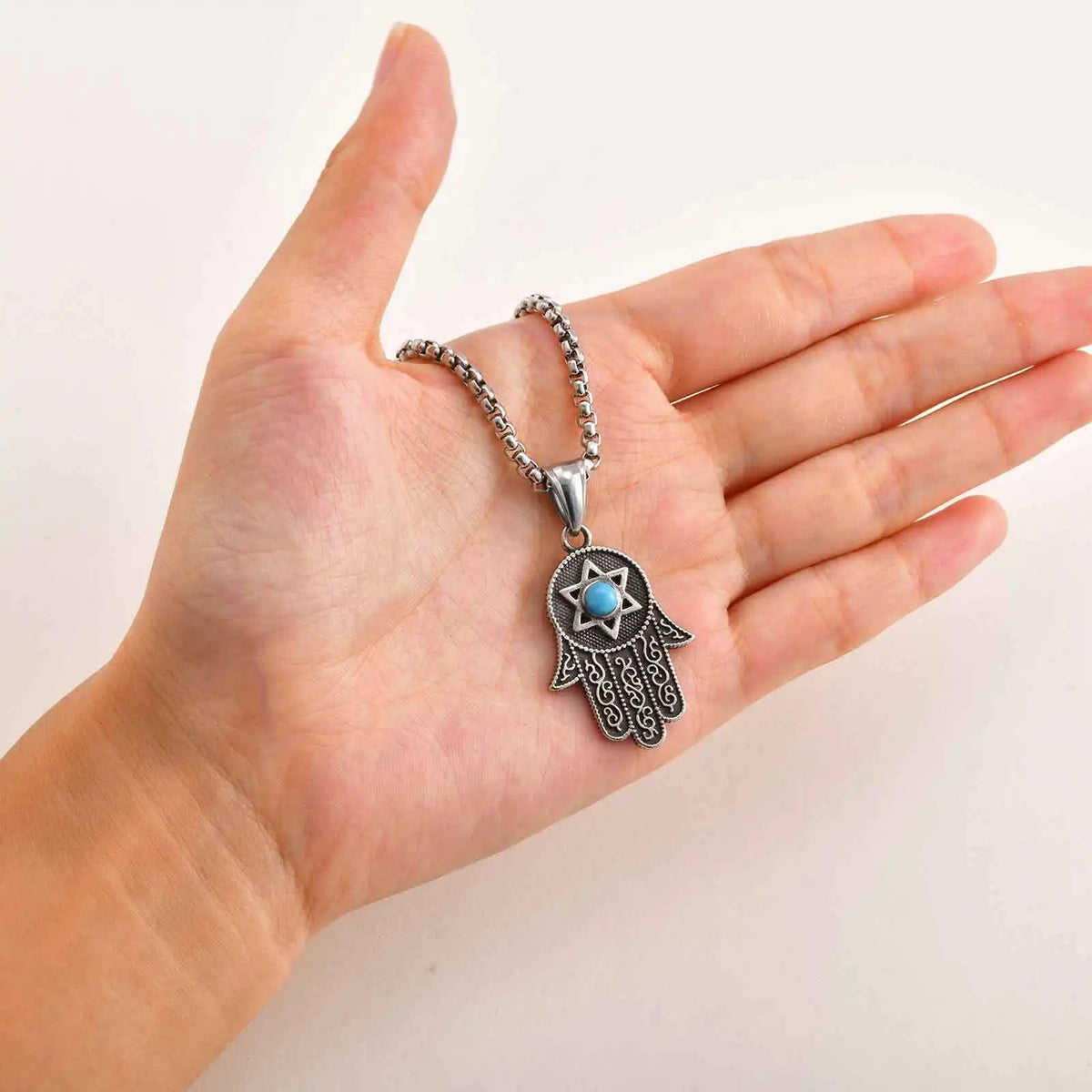 Vintage Fatima Hand Necklace for Men Boys,Stainless Steel Hexagram Turquoise Pendant,Punk Jewelry Gift