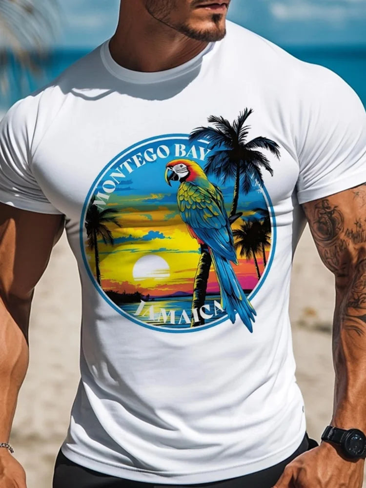 Summer Casual Men's Shirt Hawaiian-style Palm Tree Printed Men's Fashionable T-shirt Outdoor Seaside Men's Short-sleeved Shirt
