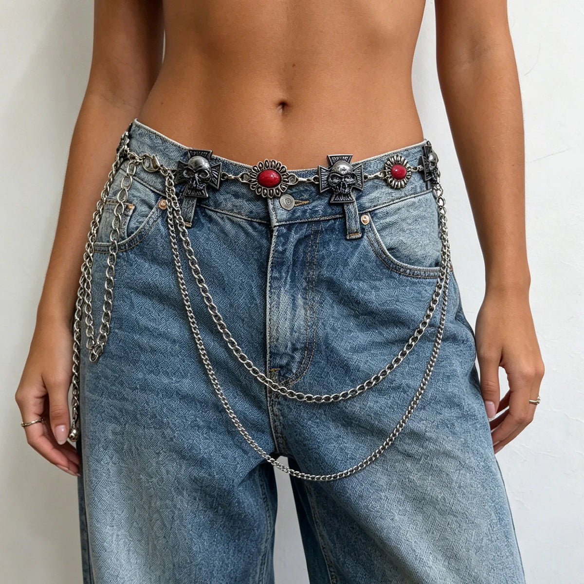 Women's Vintage Skull Coffin Metal Decor Waist Chain, Y2K Gothic, Punk, Harajuku, Rock & Hip Hop Style，spring，summer Jeans Skirt