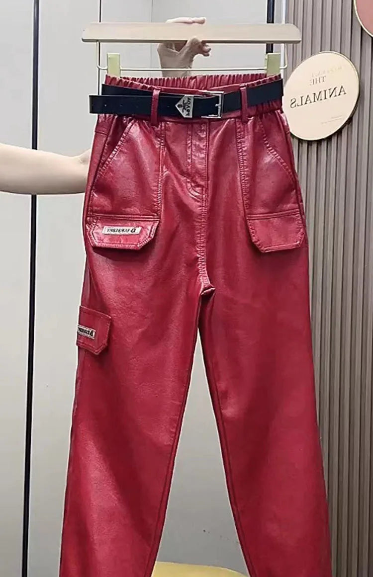 PENDRA Oversized Pocket Loose Leather Cargo Pants