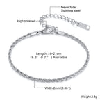 2/3/4/5mm Twist Rope Chain Bracelet for Men Women,Casual Stainless Steel Adjustable Chain Wristband,Gold/Siver Color Chain