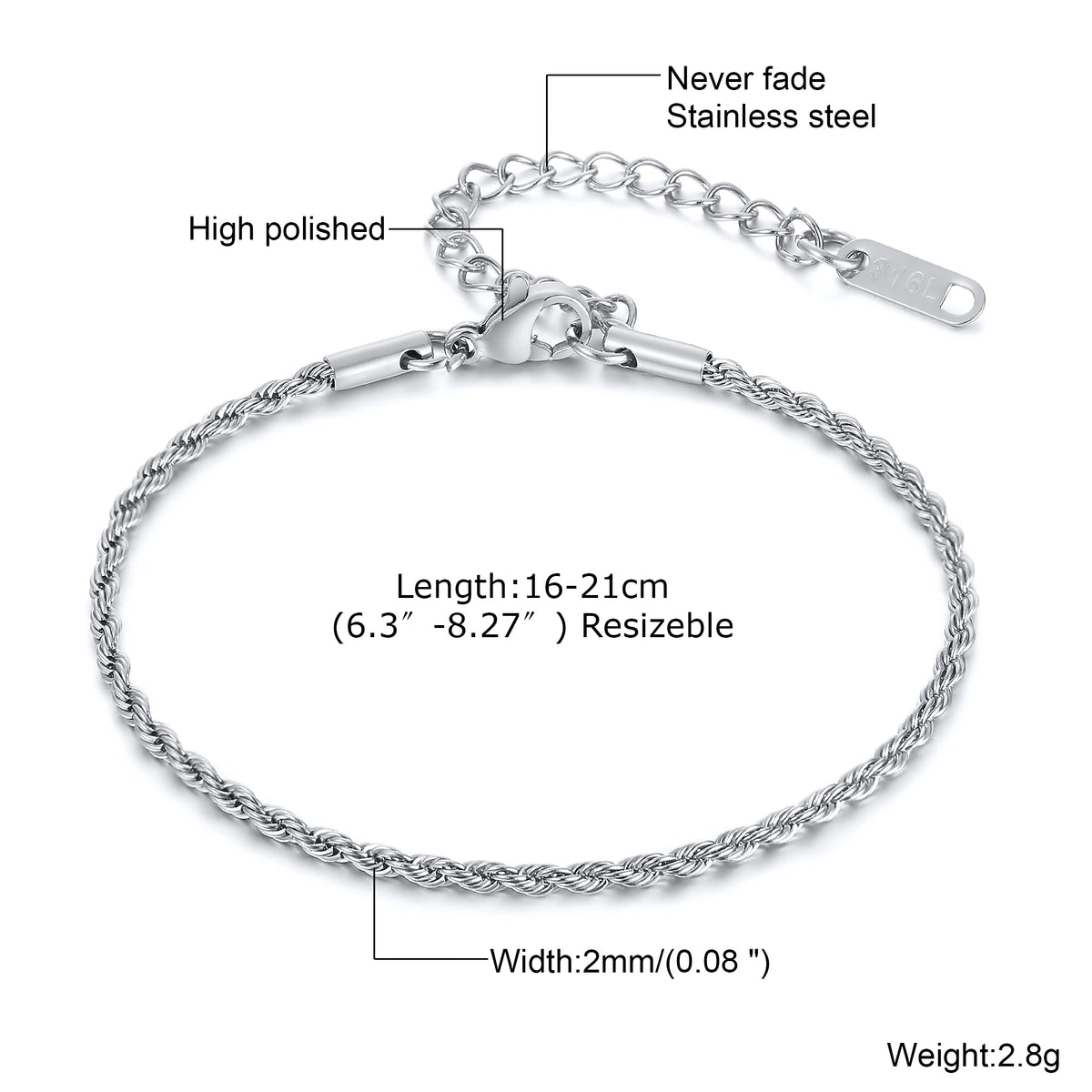 2/3/4/5mm Twist Rope Chain Bracelet for Men Women,Casual Stainless Steel Adjustable Chain Wristband,Gold/Siver Color Chain