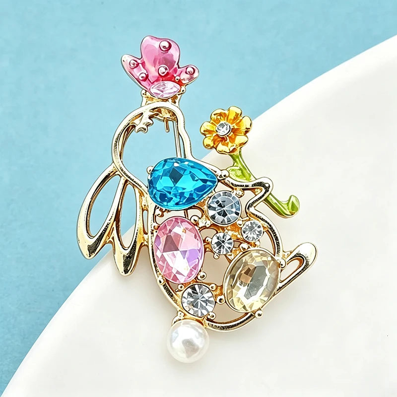 PENDRA Crystal Rabbit Floral Enamel Brooch