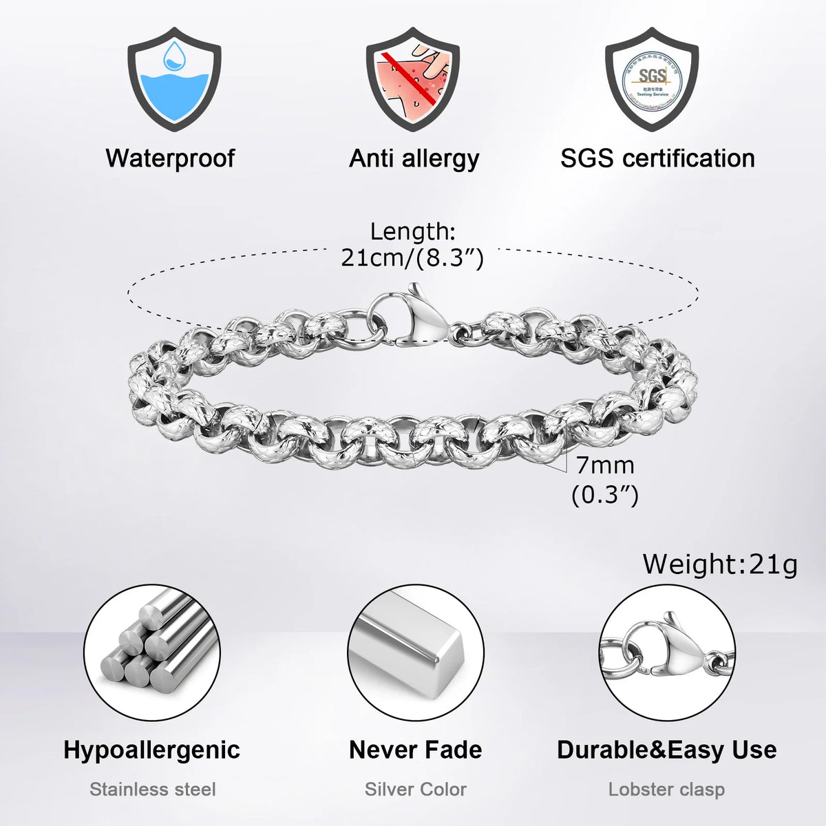 Chunky Belcher Round Chain Bracelets for Men Boys,Embossed Stainless Steel Braided Chain Wristband,Punk Jewelry Gifts