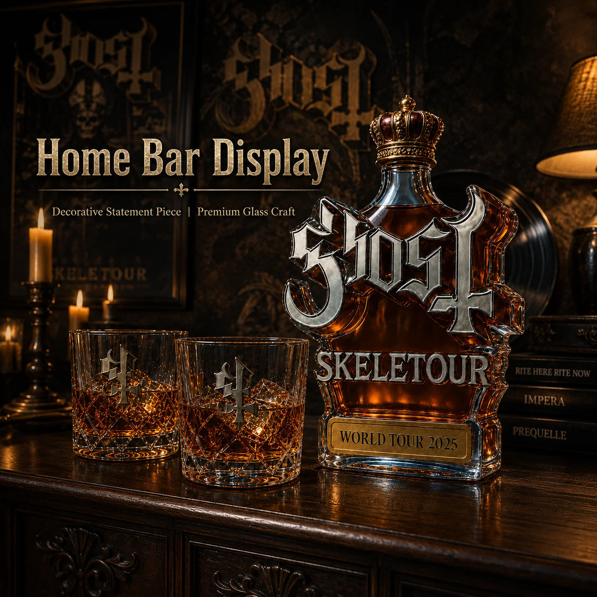 Ghost Skeletour World Tour Whiskey Decanter Gift Set, Glass Liquor Bottle with Tumbler Cups, Fan Collection Decor