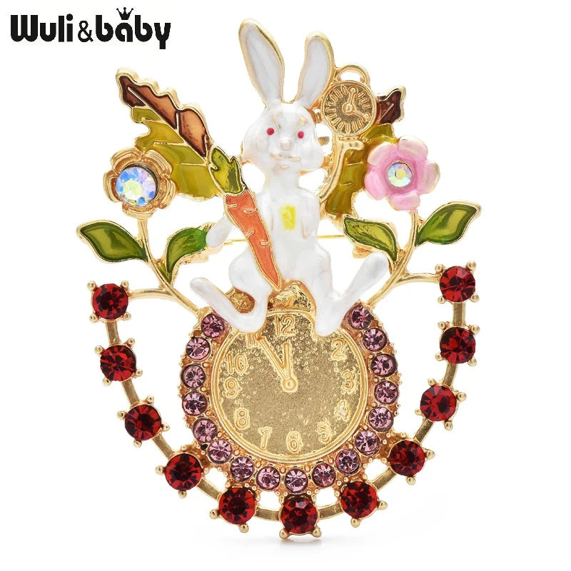 Wuli&baby Lovely Rabbit Clock Brooches For Women Enamel Rhinestone Pets Timer Party Causal Brooch Pins Gifts