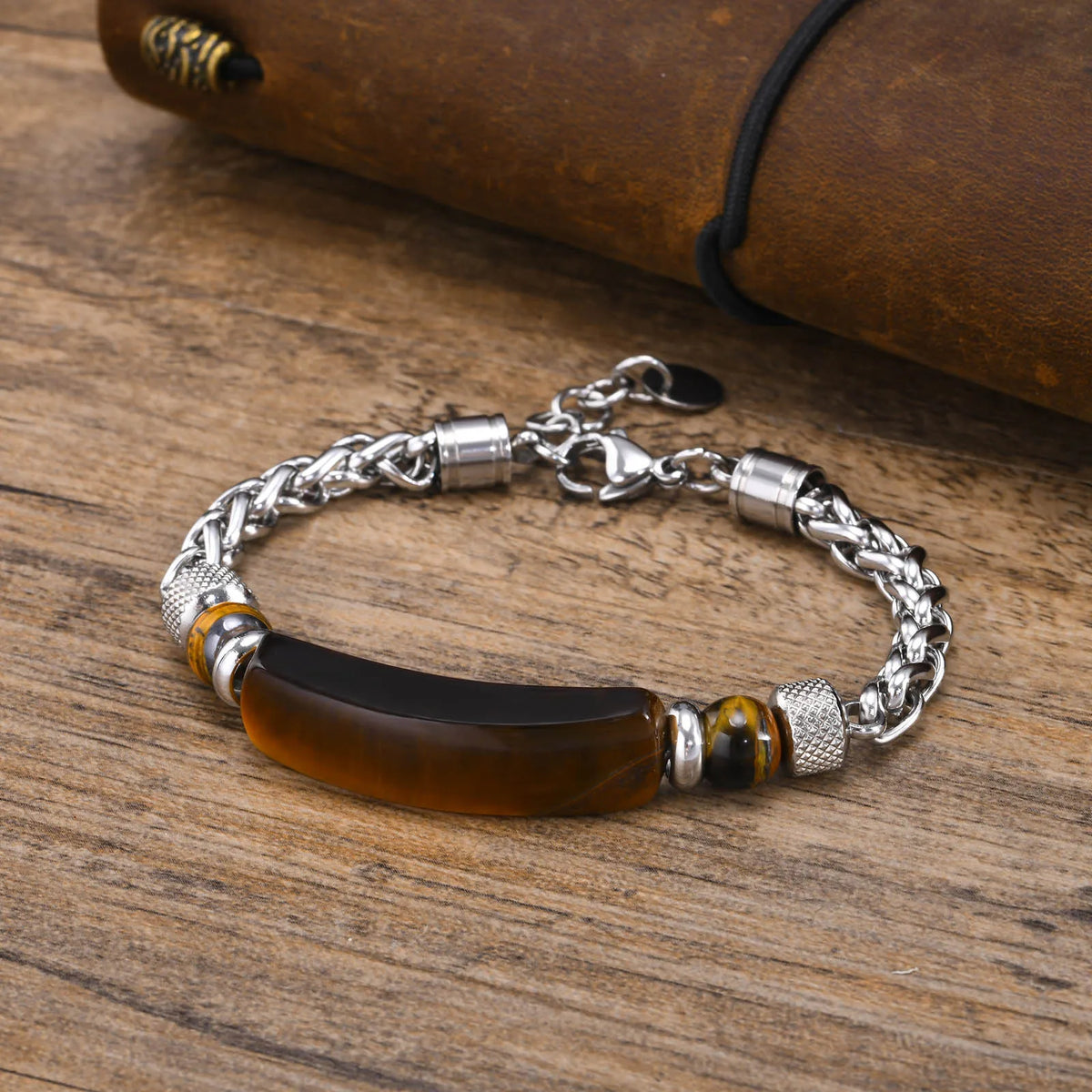 Mprainbow Mens Natural Stone Bracelets, Waterproof Stainless Steel Wheat Chain Wristband Gifts for Father Dad Birthday Christmas