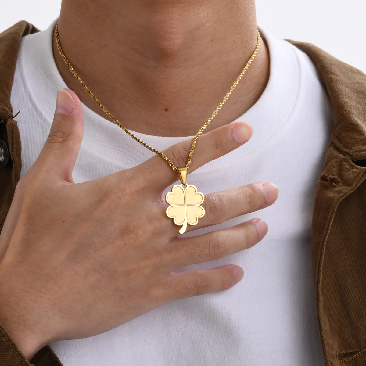 Lucky Leaf Necklaces for Men Boys,Stainless Steel Four Leaf Clover Pendant with 50cm/55cm/60cm Rope Chain,Blessing Gift