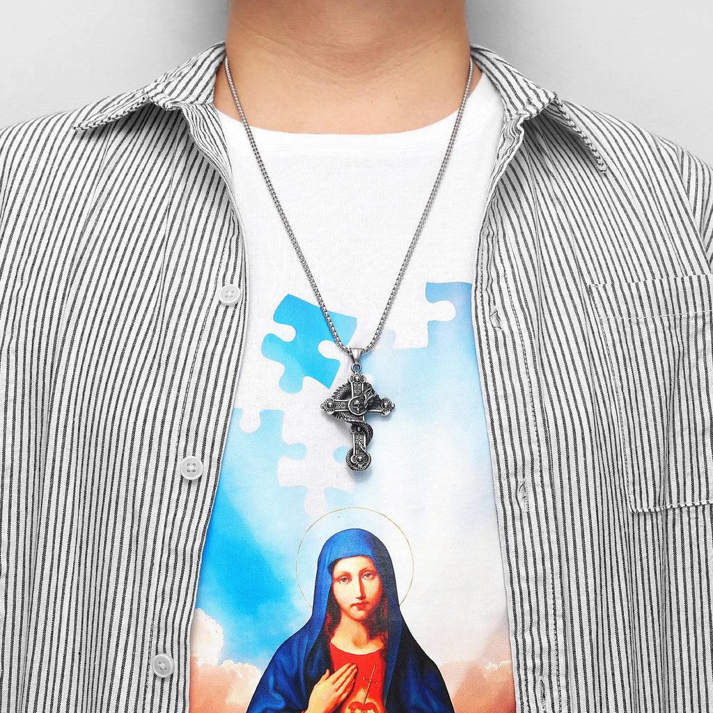 PENDRA Dragon Circling Cross Steel Necklace