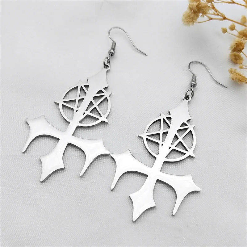 Goth Pentagram Sigil Satan Cross Hoop Earrings for Women Stainless Steel Silver Color Big Lucifer Star Earrings Jewelry