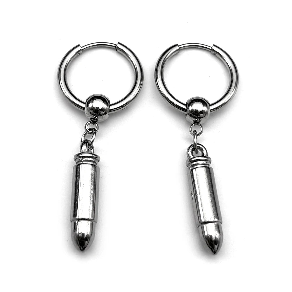 Hiphop Bullet Punk Rock Ear Clip For Men Women Stainless Steel Silver Color Party Hottie Hoop Dangle Earrings Male Jewelry