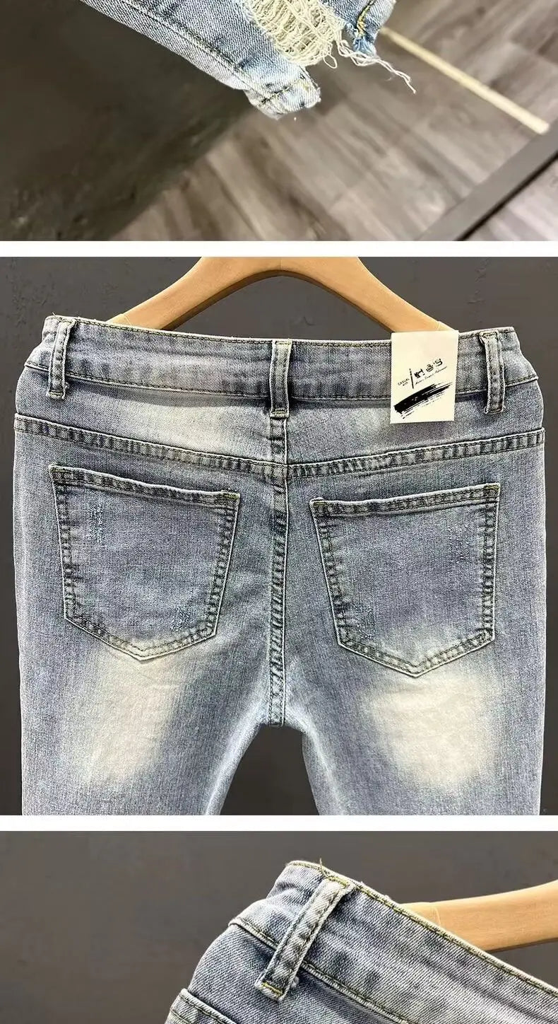 Summer New 2026 Ripped Jeans Men's Trendy Brand Casual Elastic Slim Fit Small Feet Ruffian Handsome Beggar Pencil Pants