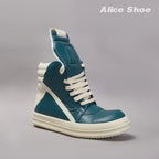 PENDRA Blue Geobasket Blue Leather High-Top Zip Lace-Up Thick-Sole Ankle Boots
