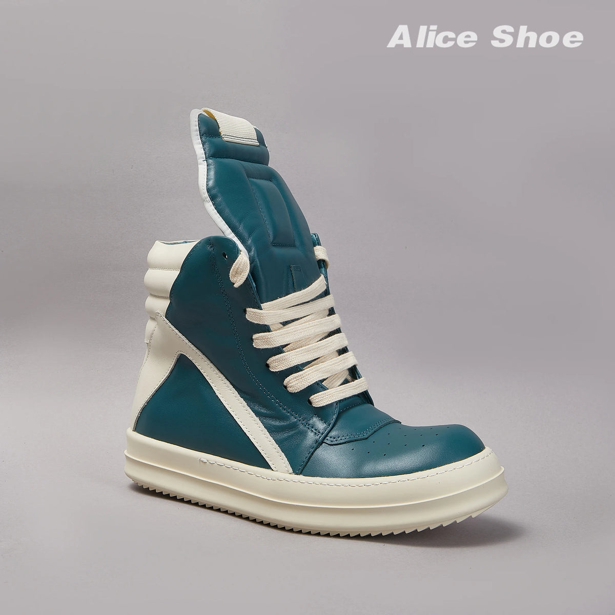 PENDRA Blue Geobasket Blue Leather High-Top Zip Lace-Up Thick-Sole Ankle Boots