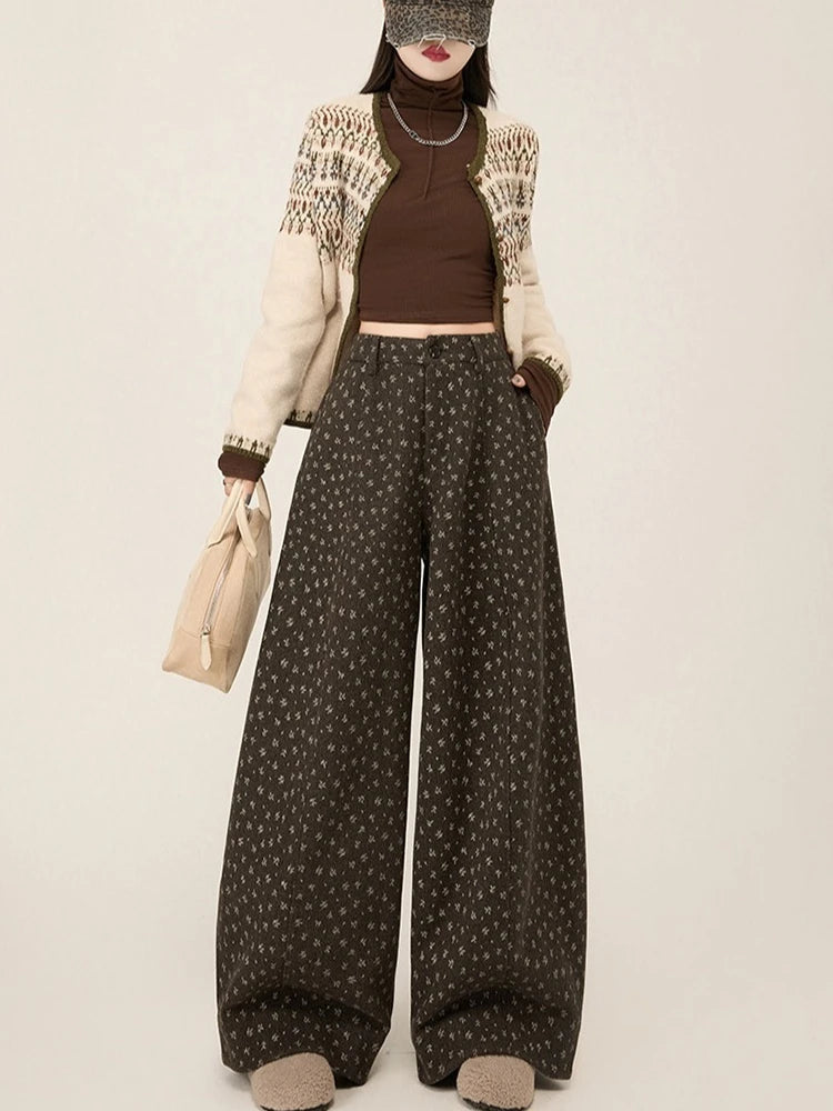 Lazy style floral print woolen suit pants women in winter new loose and versatile casual curved knife wide leg pants