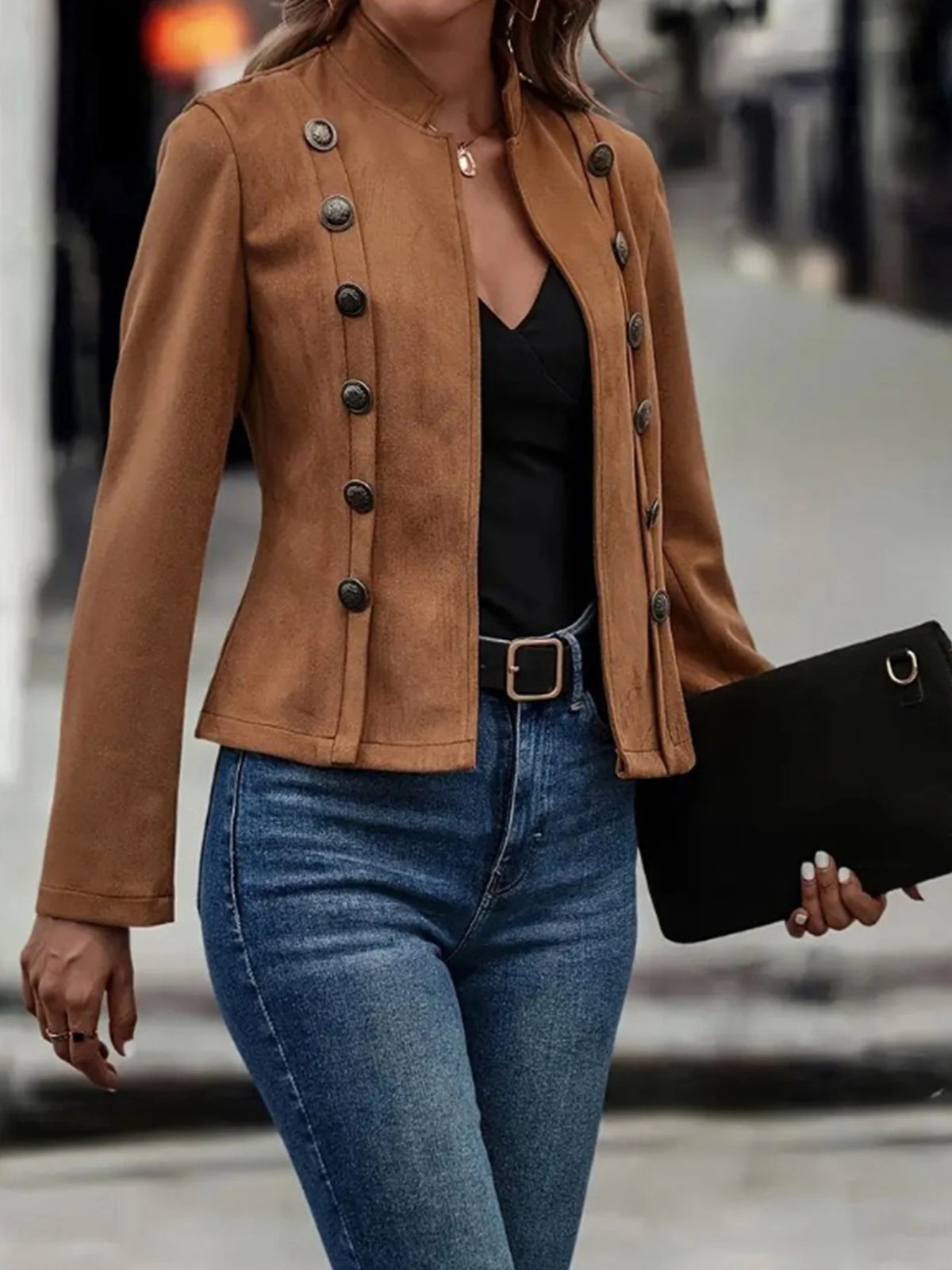 Double breasted solid color casual jacket, elegant long sleeved jacket, suitable for spring and autumn seasons