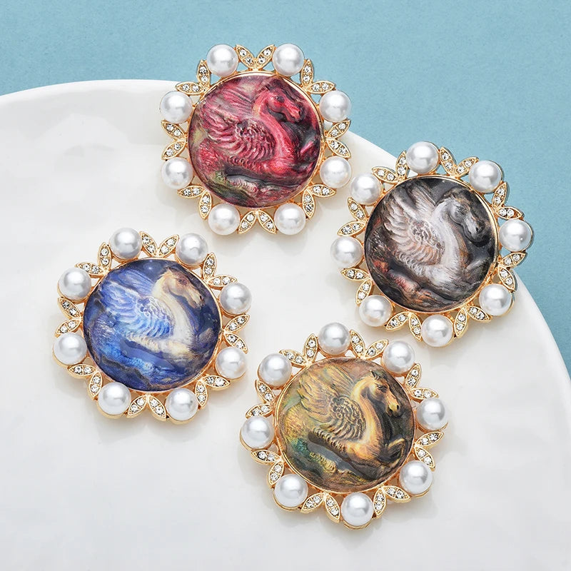Wuli&baby Running Horse Brooches Badge Brooches 4-color Pearl Round Animal Brooch Pins Gifts
