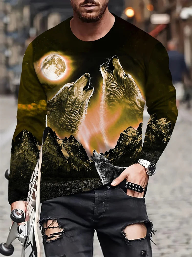 Spring And Autumn Men's Daily Casual Top Street Fashion Men's Long Sleeve T-shirt 3D Wolf Print Men's Long Sleeve T-shirt