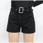 Rhinestone Shorts Women Wide Leg Shorts High Waist Sexy New Fashion Elastic Waist Diamond Casual Hot Pants Female belt