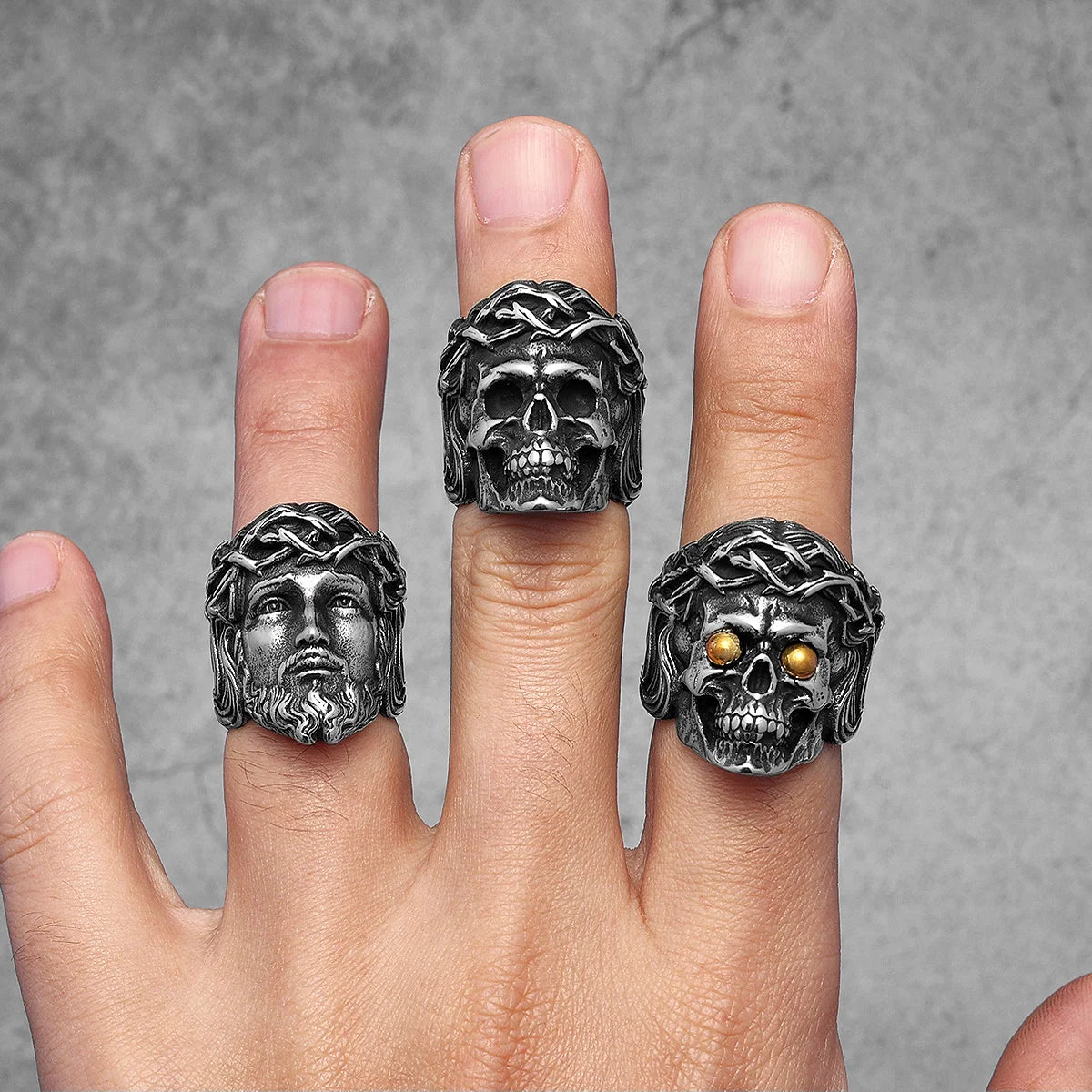 Religion Jesus Skull Stainless Steel Womens Mens Rings Punk Vintage Amulet for Boyfriend Biker Jewelry Creativity Gift Wholesale