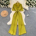 Fashionable casual lapel collar short sleeved cinched waist jumpsuit women's summer new solid color wide leg long pants