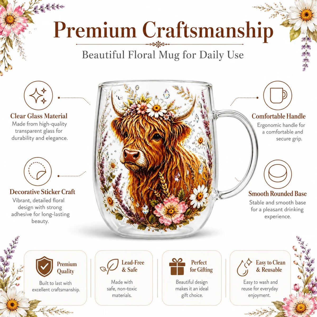 Vintage Highland Cattle Flower Sticker Glass,Double Layer Heat-resistant Coffee Cup,Home Office Drink Cup Collection Decorations