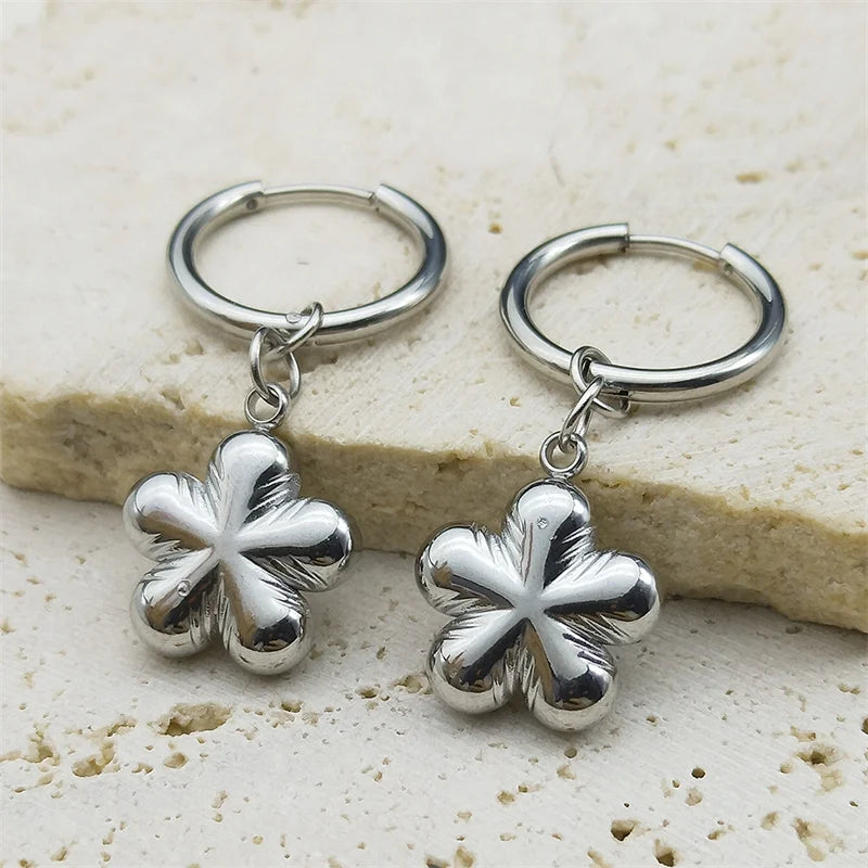 Stainless Steel Y2K Plum Blossom Hoop Earrings for Women Silver Color Aesthetics Flower Hip Hop Earring Jewelry EZZZ796-3S06