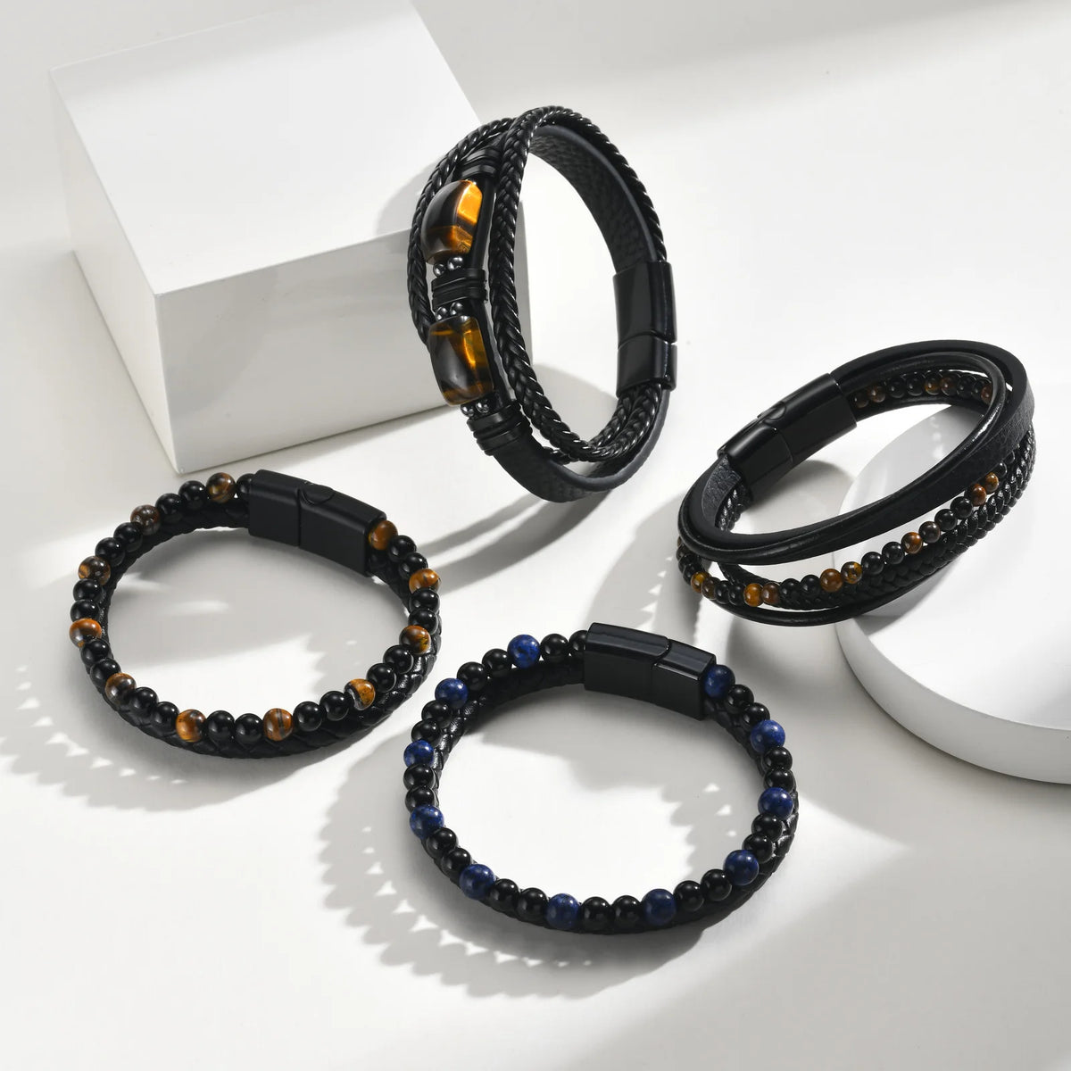 Punk Men Natural Stone Stackable Leather Bracelet,Multilayer Braided PU Wristband with Magnetic Buckle,Punk Casual Jewelry Gift