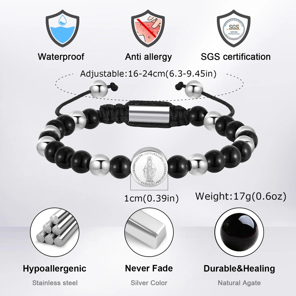 Virgin Mary Beaded Bracelets for Men Boys,Waterproof Stainless Steel Round Charms Wristband,Religious Prayer Jewelry Gift